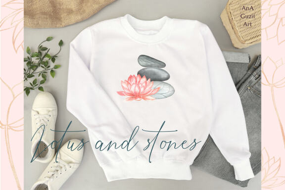 Lotus flowers and stones, watercolor flower Illustration.