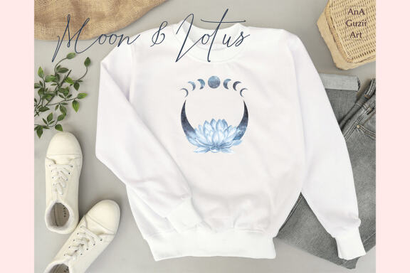 Watercolor Lotus flowers moon clipart