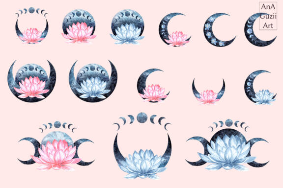 Watercolor Lotus flowers moon clipart