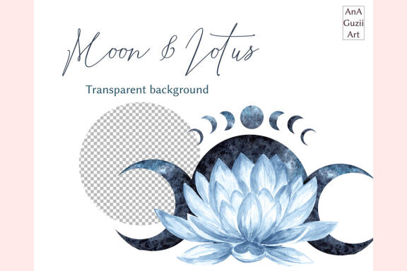 Watercolor Lotus flowers moon clipart