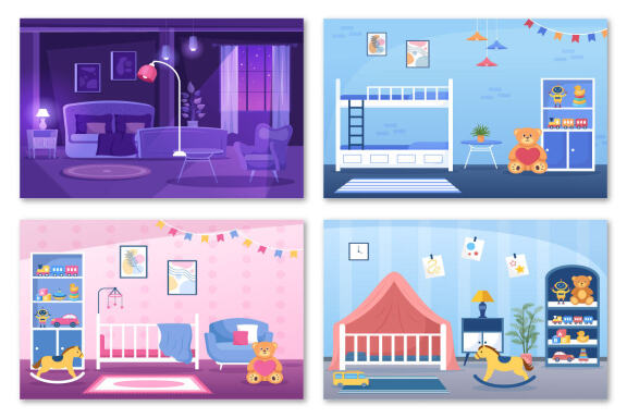 17 Bedroom Interior Cartoon Illustration