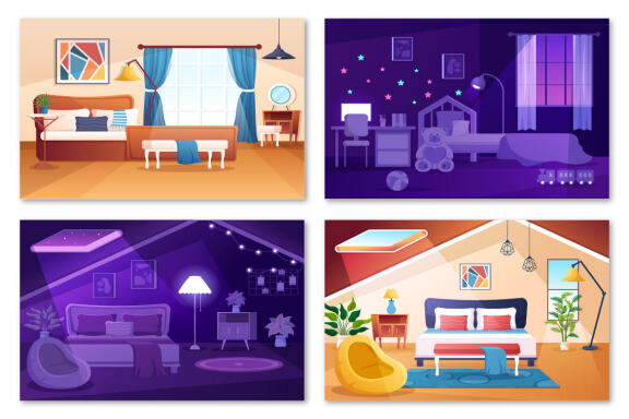 17 Bedroom Interior Cartoon Illustration