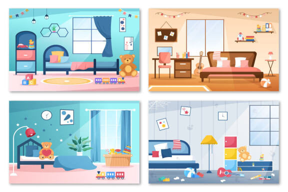 17 Bedroom Interior Cartoon Illustration