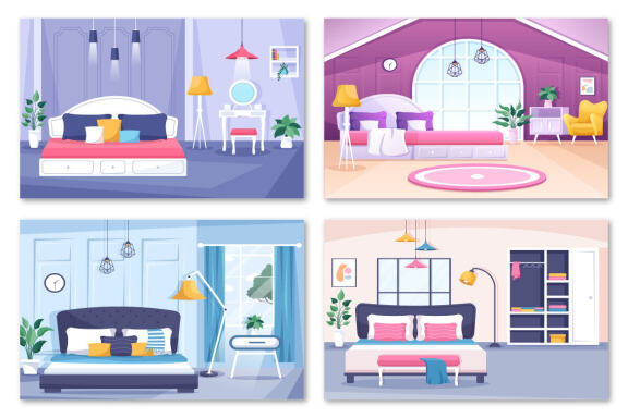 17 Bedroom Interior Cartoon Illustration