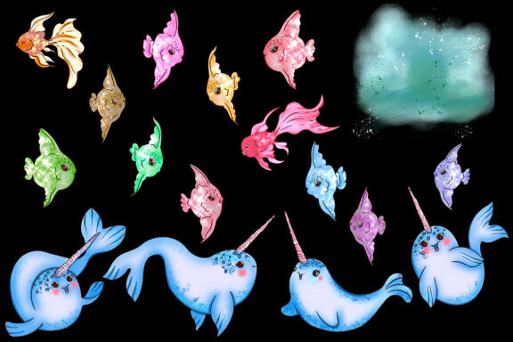 Ocean. Cute sea animals. Narwhals and fish