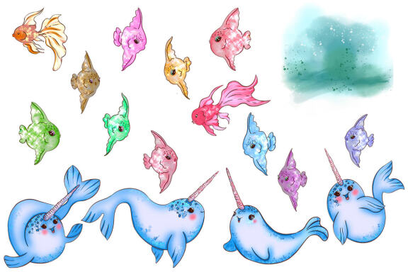 Ocean. Cute sea animals. Narwhals and fish