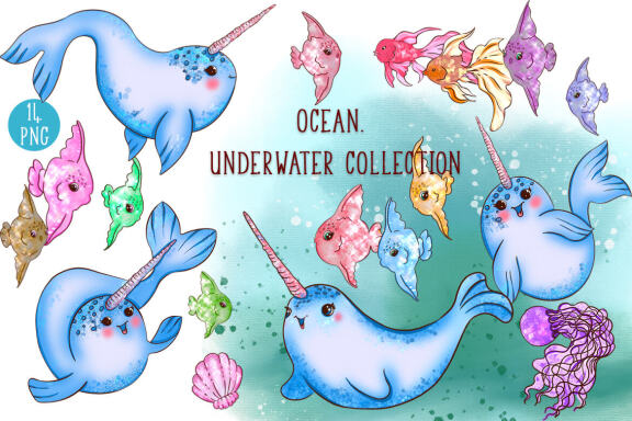 Ocean. Cute sea animals. Narwhals and fish | Deeezy
