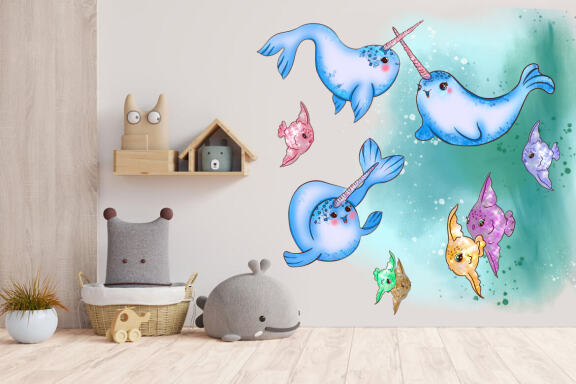 Ocean. Cute sea animals. Narwhals and fish