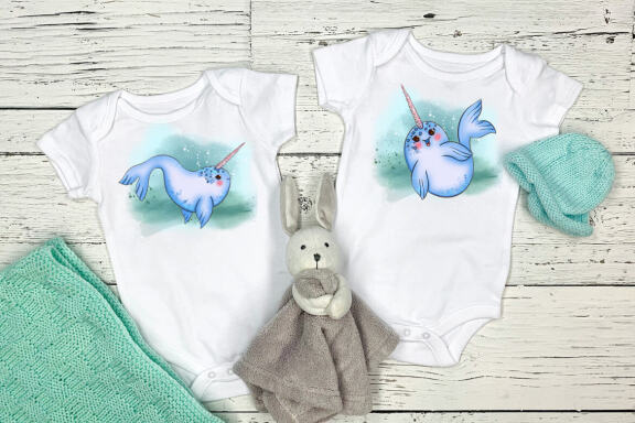 Ocean. Cute sea animals. Narwhals and fish