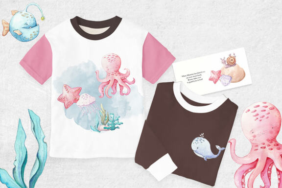 Undersea watercolor clipart, cute sea animals
