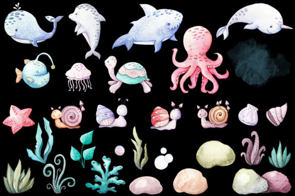 Undersea watercolor clipart, cute sea animals