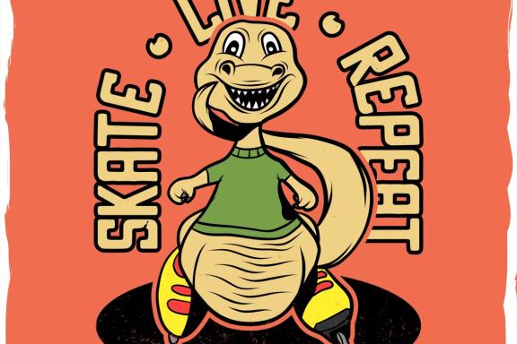 Dino skating and a phrase "skate, live, repeat"	