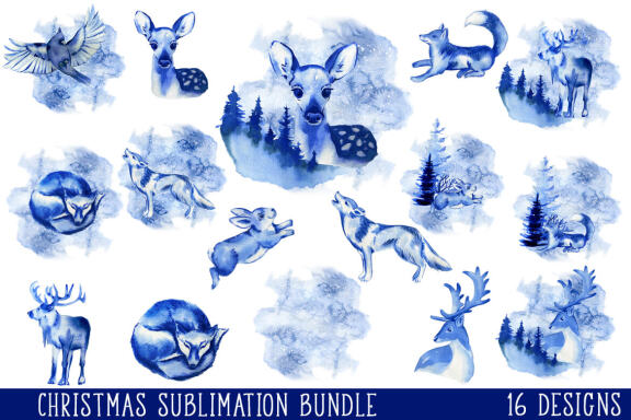 Blue Christmas winter forest Sublimation Bundle PNG