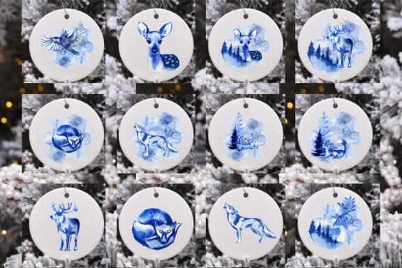 Blue Christmas winter forest Sublimation Bundle PNG