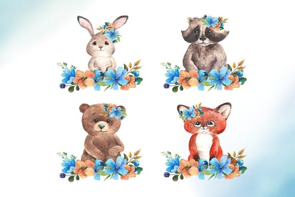 Watercolor Woodland Animals Clipart, Forest Elements