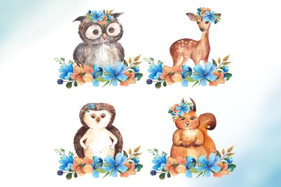 Watercolor Woodland Animals Clipart, Forest Elements
