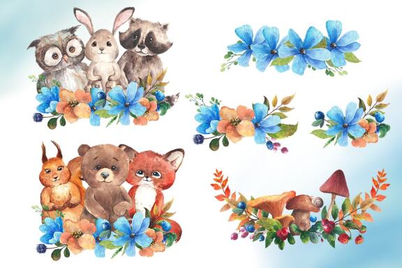 Watercolor Woodland Animals Clipart, Forest Elements