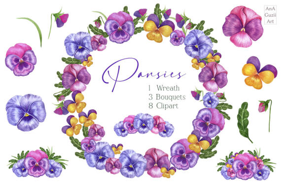 Watercolor violets, pansies clipart, Bouquets of flowers, floral wreath.
