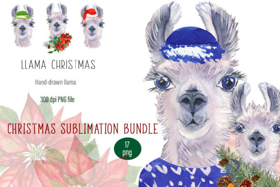 Watercolor Llama christmas clipart - Sublimation designs