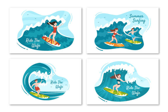 16 Summer Surfing Sports Cartoon Illustration