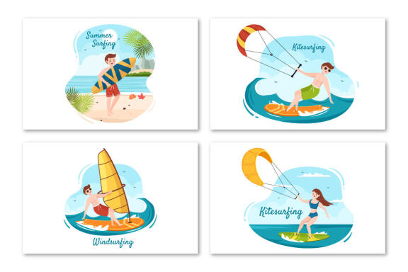 16 Summer Surfing Sports Cartoon Illustration