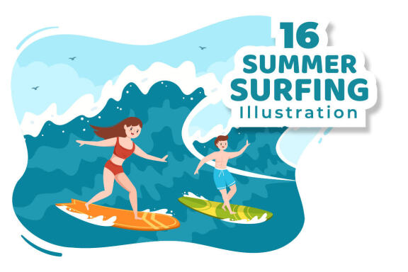 16 Summer Surfing Sports Cartoon Illustration