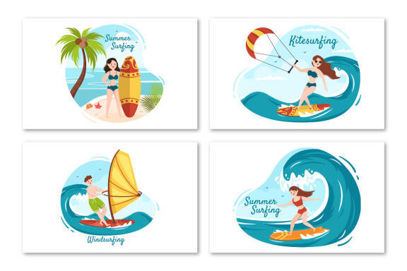 16 Summer Surfing Sports Cartoon Illustration