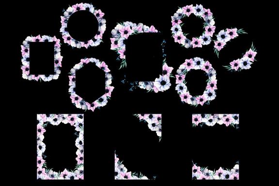 Violet Floral Border Frame Clipart| Anemone Flowers Wreath 