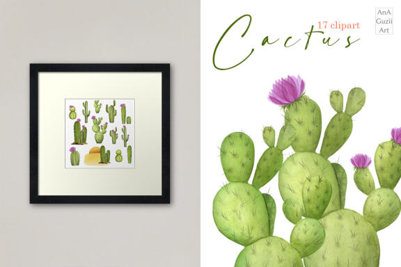 Watercolor cactus, succulent clipart