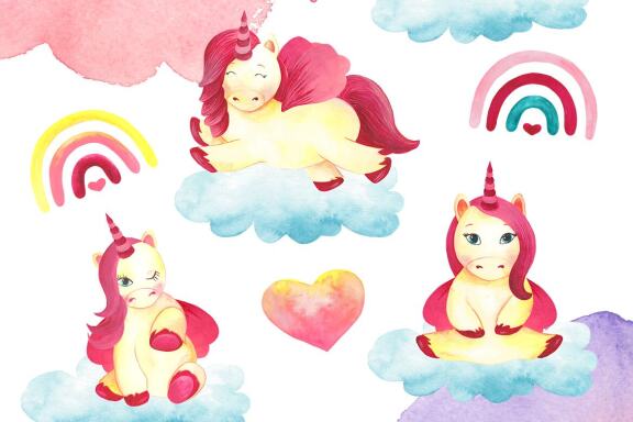 Watercolor Cute Baby Unicorn Clipart