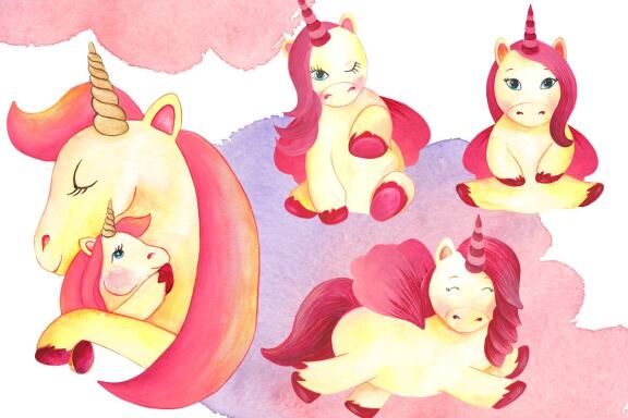 Watercolor Cute Baby Unicorn Clipart