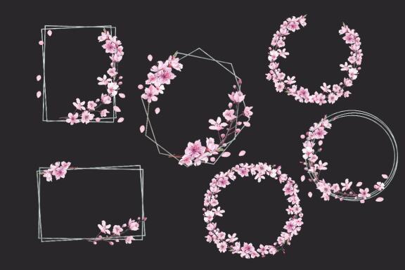 Watercolor Cherry Blossom Floral Wedding Frame Clipart