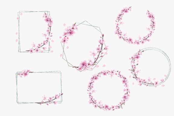 Watercolor Cherry Blossom Floral Wedding Frame Clipart