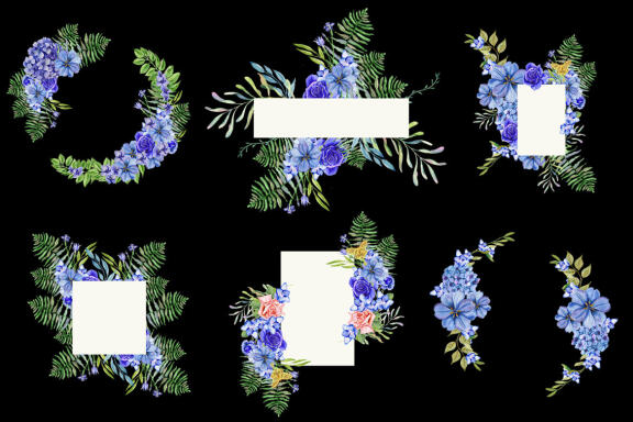 Blue Flower Watercolors Frames. Floral clipart