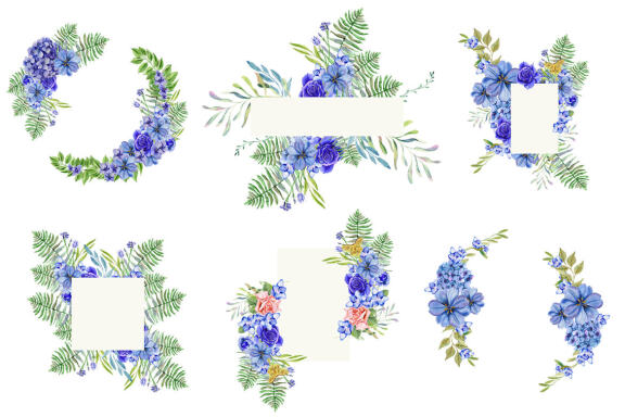 Blue Flower Watercolors Frames. Floral clipart