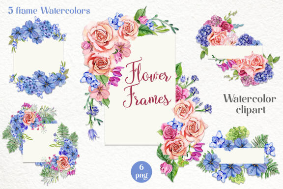  Flower rose Watercolors Frames. Floral clipart