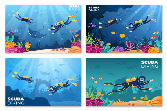 14 Snorkeling and Scuba Diving Cartoon Illustration