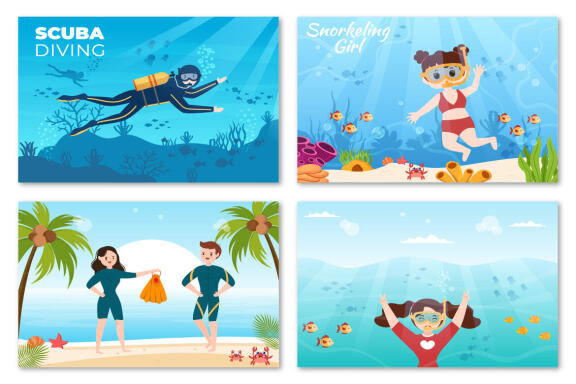 14 Snorkeling and Scuba Diving Cartoon Illustration