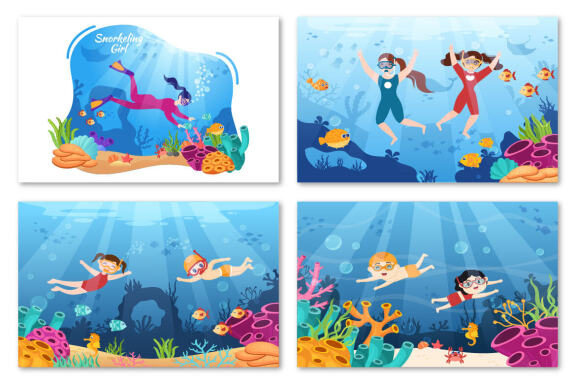14 Snorkeling and Scuba Diving Cartoon Illustration