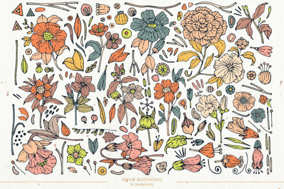 Hand Drawn Flowers Vol. 4 Vector Illustrations