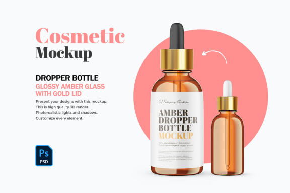 Amber Glass Dropper Bottle With Golden Lid - Cosmetic Product Mockup
