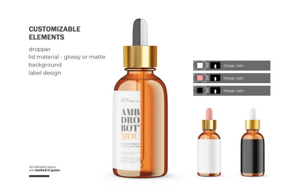 Amber Glass Dropper Bottle With Golden Lid - Cosmetic Product Mockup