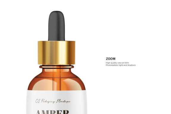 Amber Glass Dropper Bottle With Golden Lid - Cosmetic Product Mockup