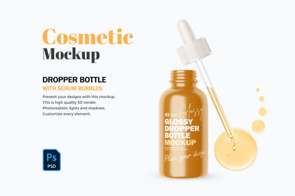 Glossy Dropper Bottle - Cosmetic Product Mockup