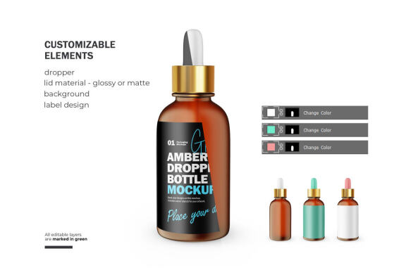 Frosted Amber Glass Dropper Bottle With Golden Lid - Cosmetic Product Mockup