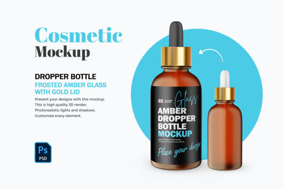 Frosted Amber Glass Dropper Bottle With Golden Lid - Cosmetic Product Mockup