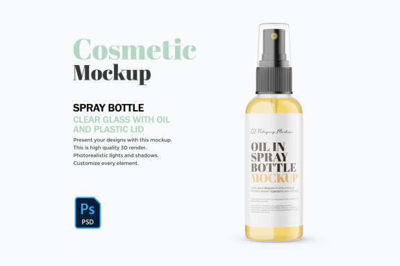 Glass Spray Bottle With Oil - Cosmetic Product Mockup