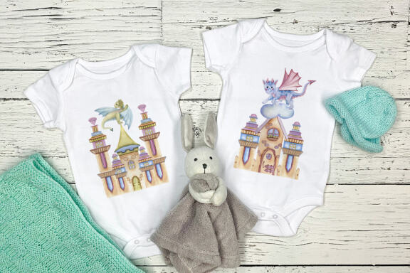 Dragons and fairytale castles watercolor clipart