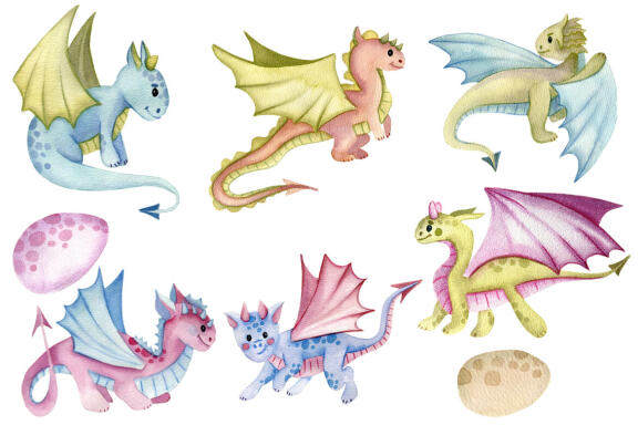 Dragons and fairytale castles watercolor clipart