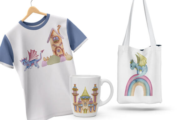 Dragons and fairytale castles watercolor clipart